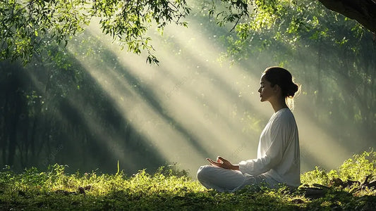 Woman meditating in nature with light rays - chakra and sound healing